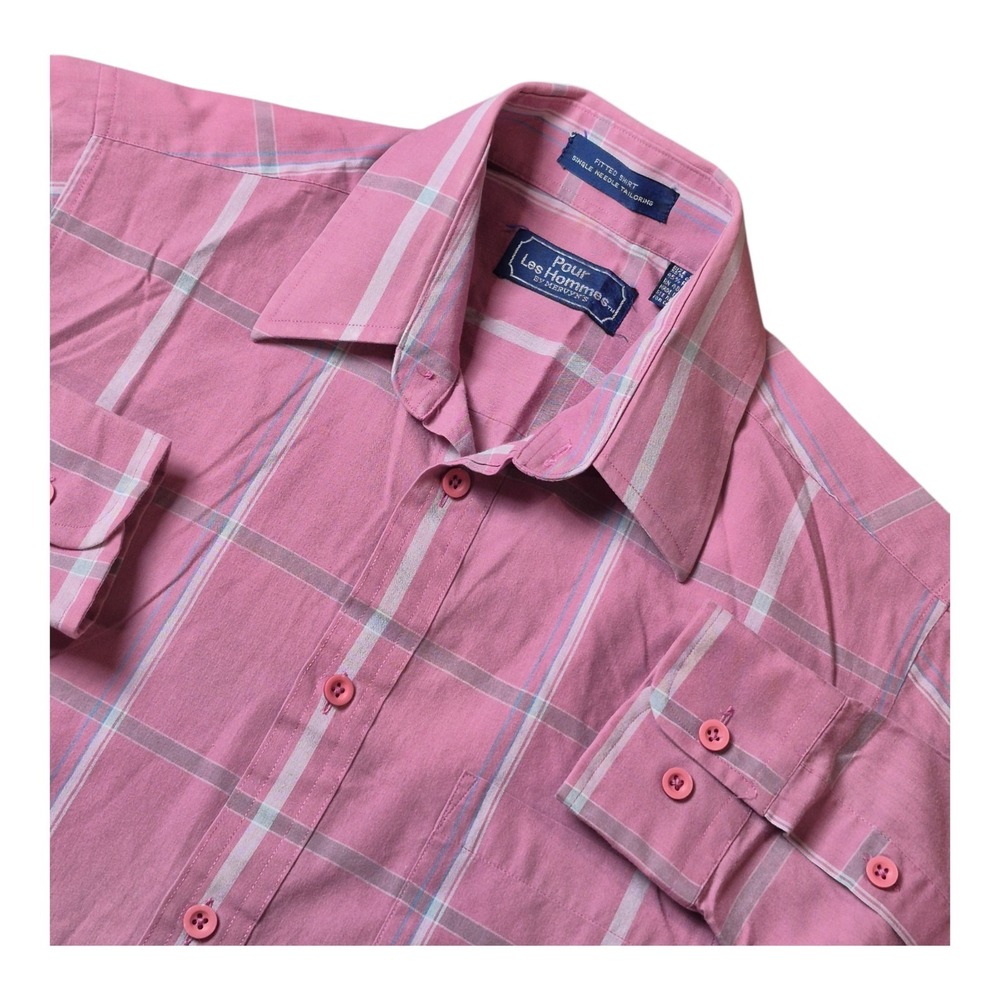 VTG Pour Les Hommes Mens Small Pink Plaid Button Up Dress Shirt Cotton‎